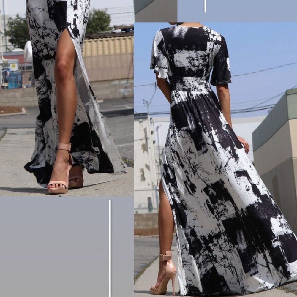 Black & White V Neckline Maxi Dress with Slit - Picture 4 of 5
